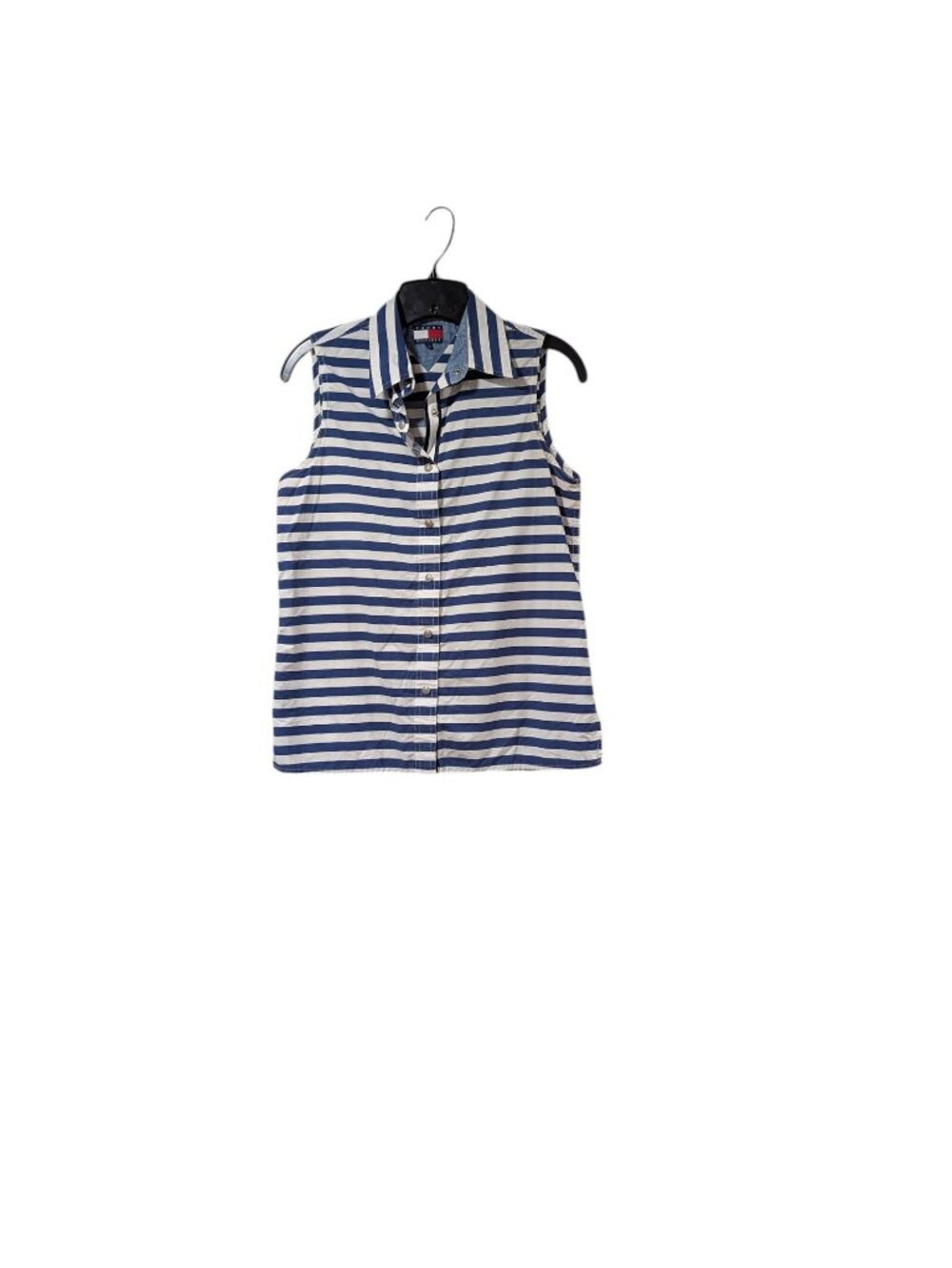 Tommy Hilfiger Navy White Striped Button Down Sleeveless Shirt Nautical Preppy 4